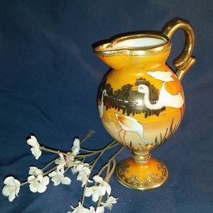 Vintage Hand Painted Gold Detailed Pitcher Creamer Vase Decor Birds Japanese 5”